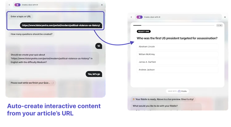 Automatically creating quiz or other interactive content by adding an article's URL to Riddle's quiz maker AI chat bot interface