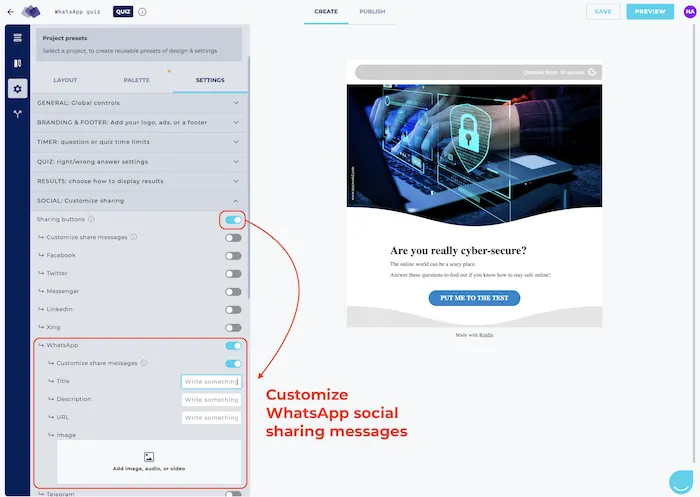 Passen Sie die soziale Freigabe auf Ihrem WhatsApp-Quiz mit Riddle's Quiz-Maker an