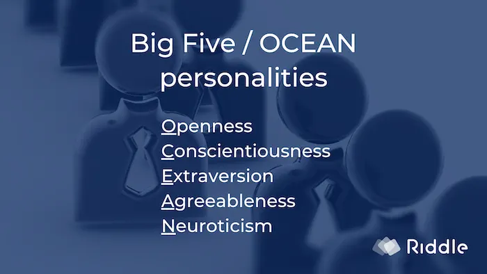 The five OCEAN personalities are Openness, Conscientiousness, Extraversion, Agreeableness and Neuroticism