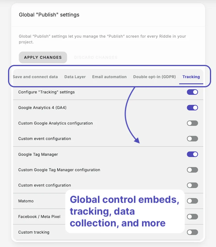 Ensure global consistency with tracking, data collection, embeds, and more for all automated interactive content using Riddle's global publish settings.