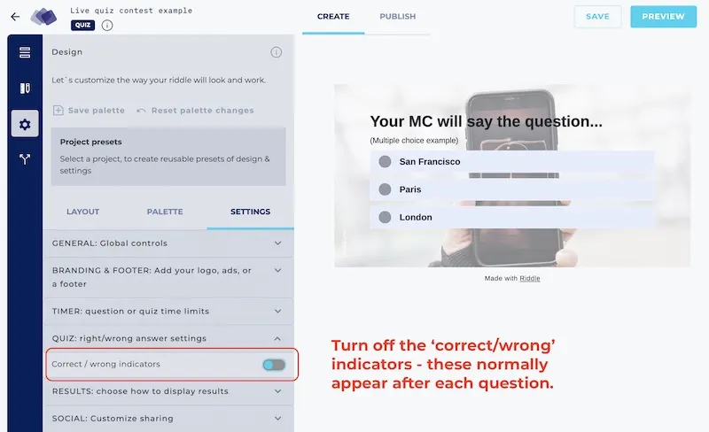 Verbergen Sie die richtigen oder falschen Antworten in einem Live-Online-Quiz-Wettbewerb
