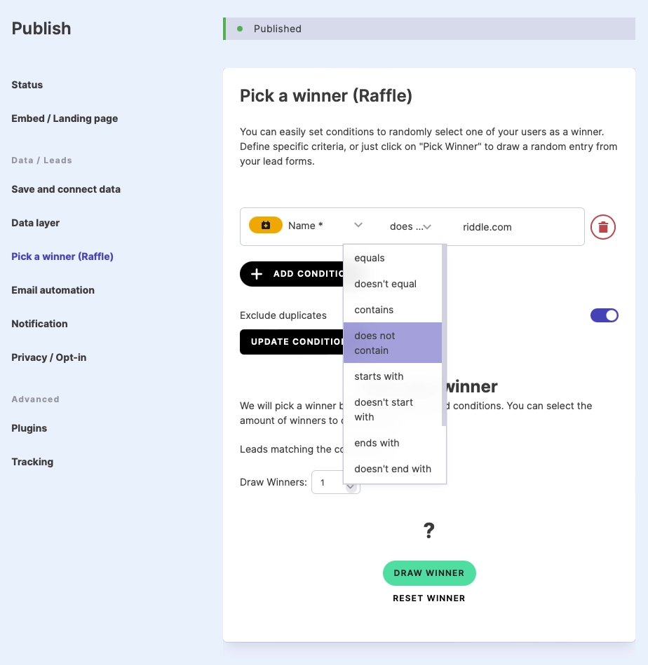 Automatically pick a winner from a list of raffle entries with Riddle.com